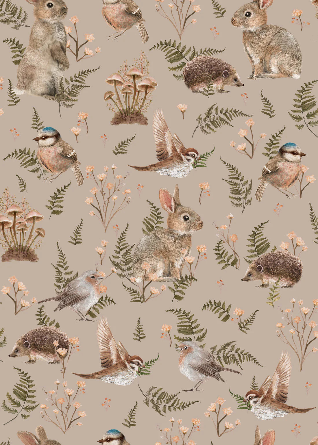 Summer Gray Birds & Bunnies Wallpaper Birds and Bunnies Dusty Rose - Hola BB